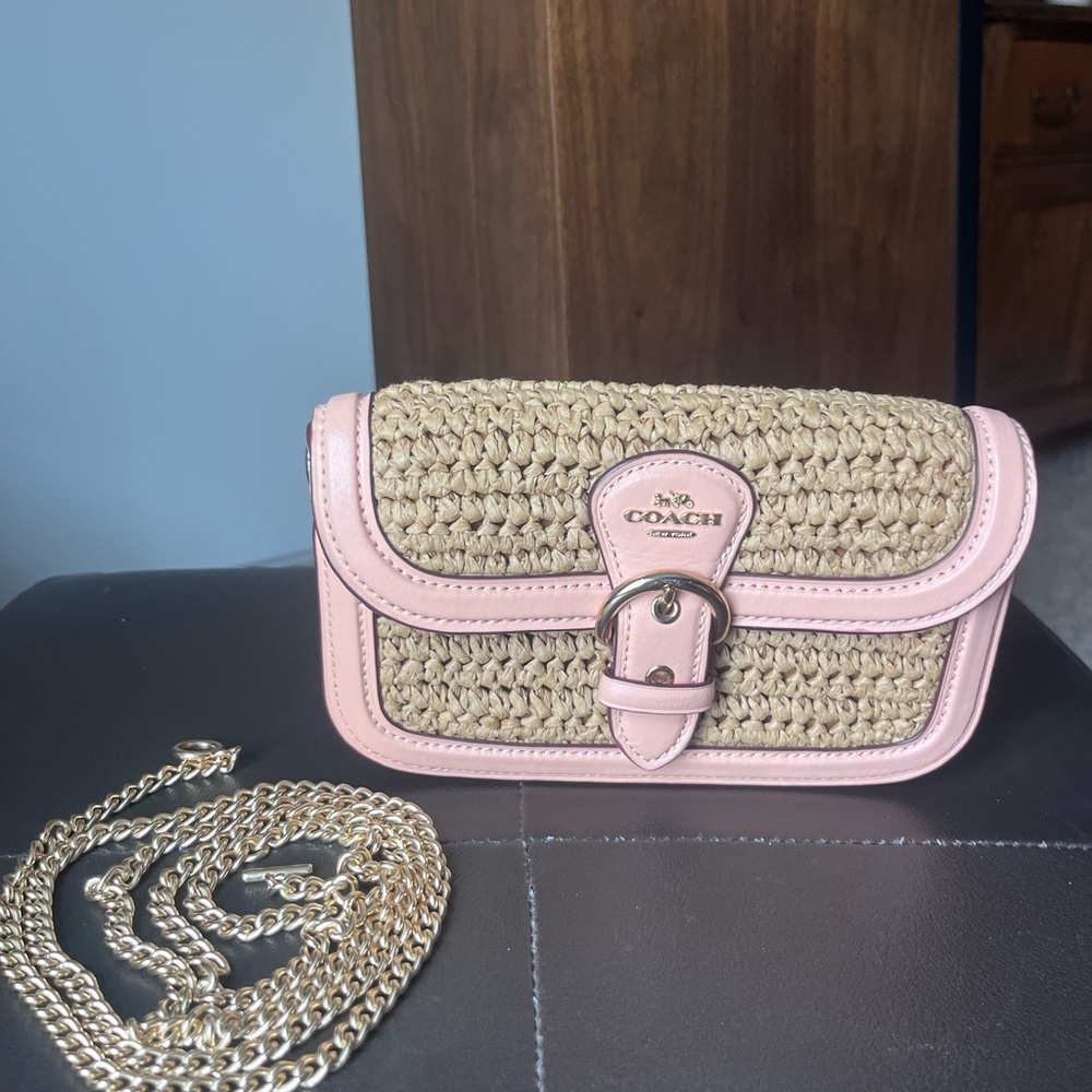 Coach Woven Tan and Pink Buckle Clutch - Picture 7 of 11